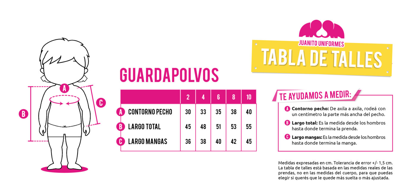 imagen tabla de talles guardapolvos con manga