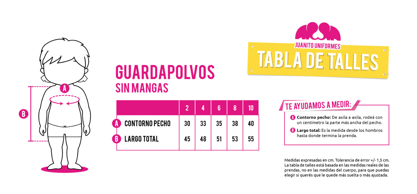 imagen tabla de talles guardapolvos sin manga